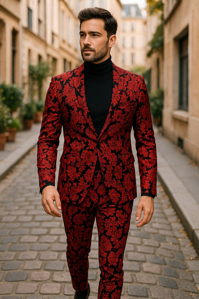 Mens Red and Black Floral Brocade Tuxedo Suit Two Piece Slim Fit Set