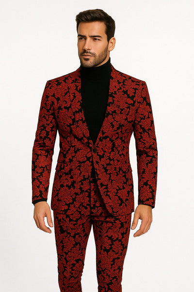 Mens Red and Black Floral Brocade Tuxedo Suit Two Piece Slim Fit Set