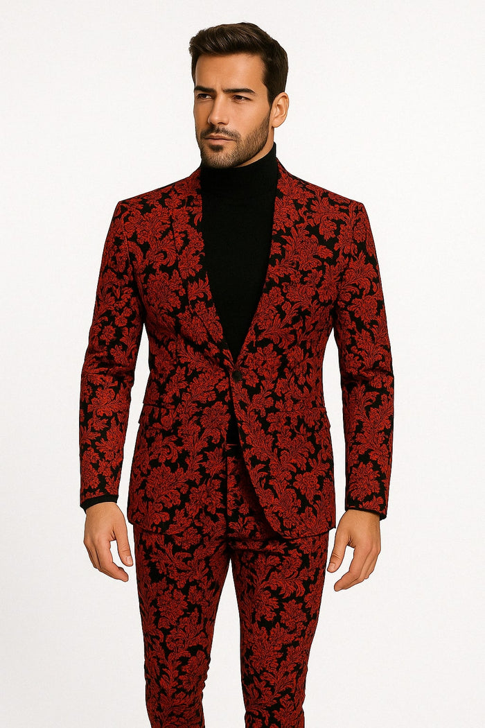 Mens Red and Black Floral Brocade Tuxedo Suit Two Piece Slim Fit Set