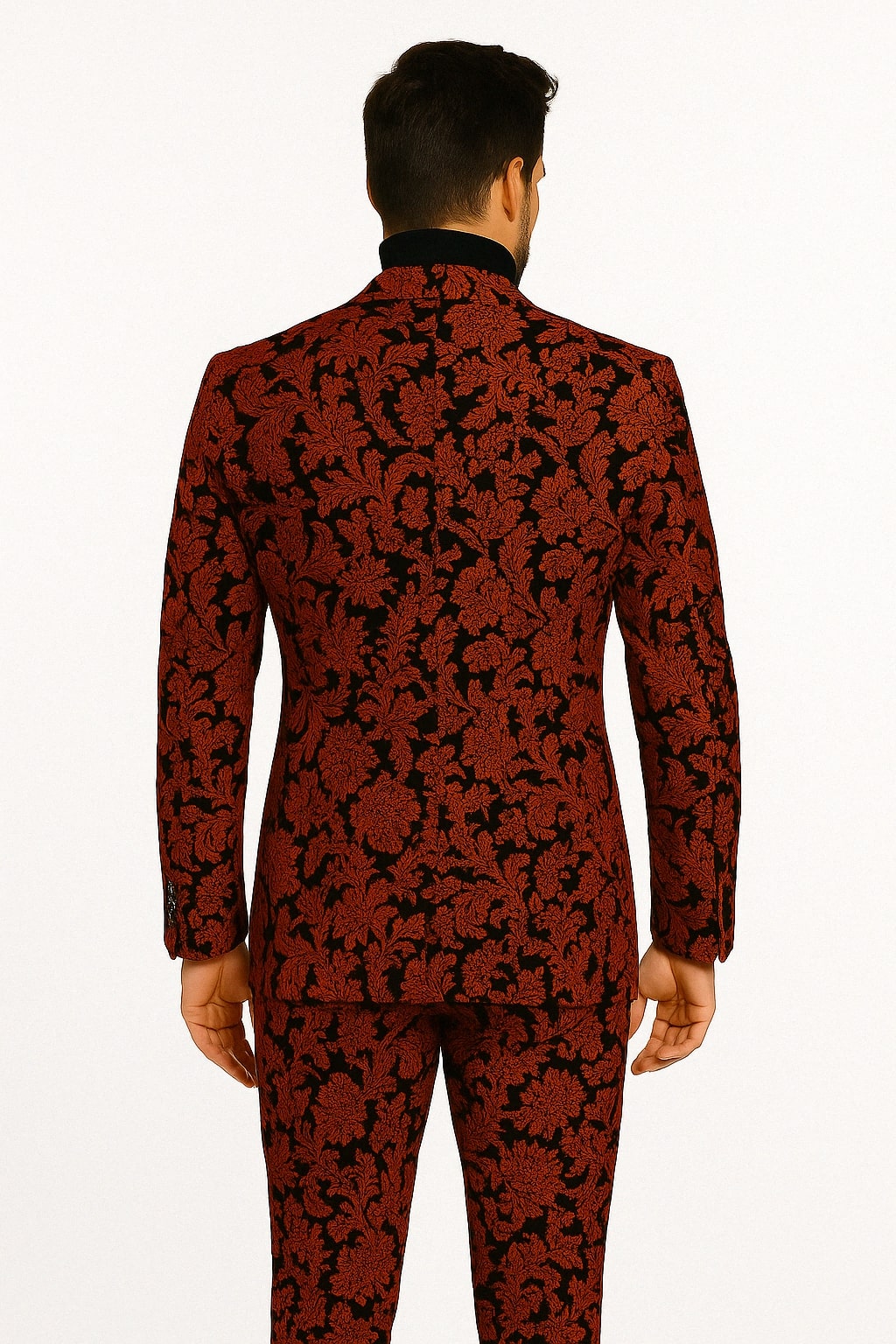 Mens Red and Black Floral Brocade Tuxedo Suit – Two Piece Slim Fit Set - 34 Short or Extra Small