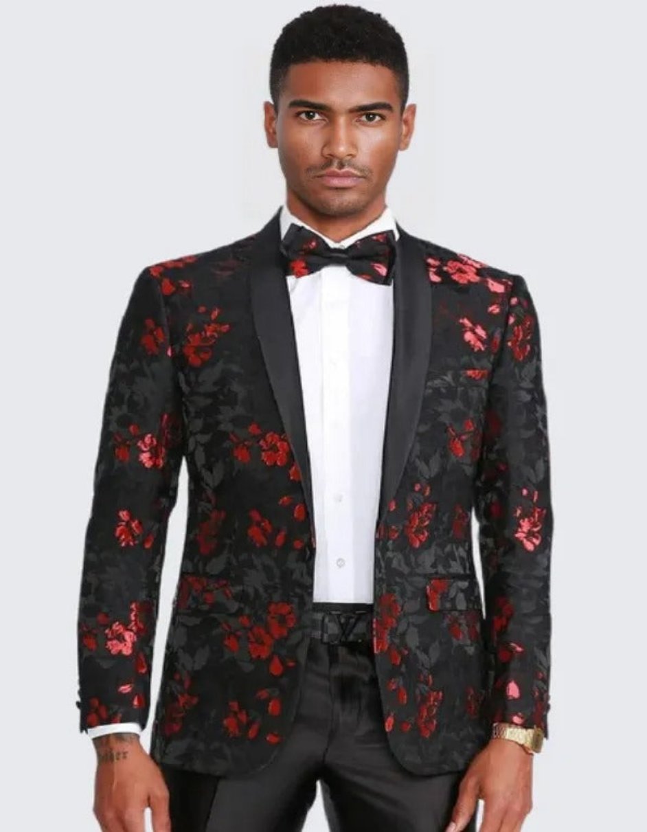 Red and Black Tuxedo Jacket Floral Pattern Slim Fit - Wedding - Prom