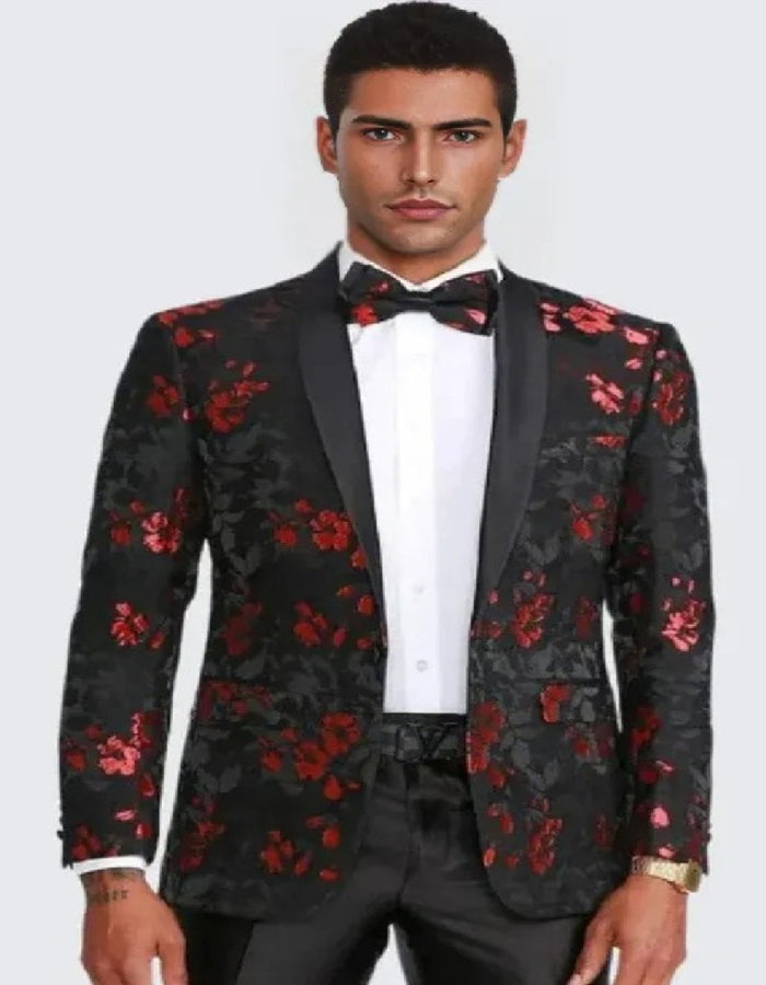 Red and Black Tuxedo Jacket Floral Pattern Slim Fit - Wedding - Prom 2026
