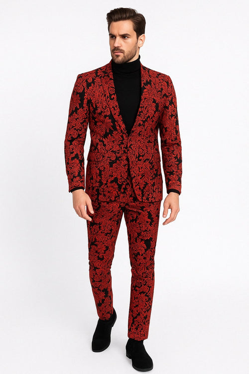 Mens Red and Black Floral Tuxedo Suit Slim Fit 2 Piece Embroidered Outfit for Weddings, Prom, and Formal Events