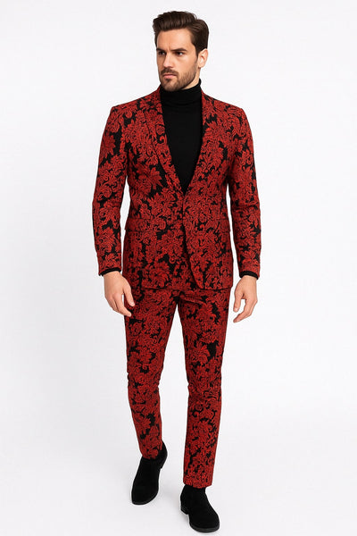 Mens Red and Black Floral Tuxedo Suit Slim Fit 2 Piece Embroidered Outfit for Weddings, Prom, and Formal Events