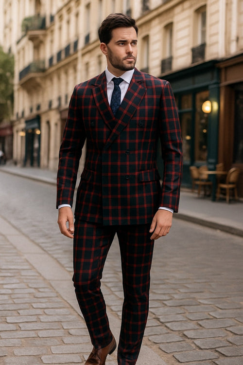 Mens Red and Black Plaid Double-Breasted Suit â€“ Slim Fit Checkered 2 Piece Formal Business Outfit