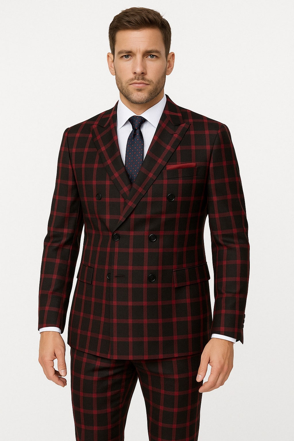 Mens Red and Black Plaid Double-Breasted Suit â€“ Slim Fit Checkered 2 Piece Formal Business Outfit - 34 Short or Extra Small