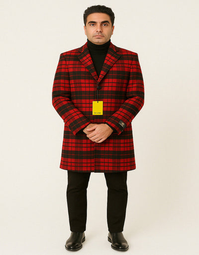Mens Red and Black Plaid Wool Overcoat Three Quarter Carcoat - Christmas Coat - Red Peacoat