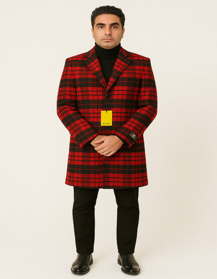 Mens Red and Black Plaid Wool Overcoat Three Quarter Carcoat - Christmas Coat - Red Peacoat