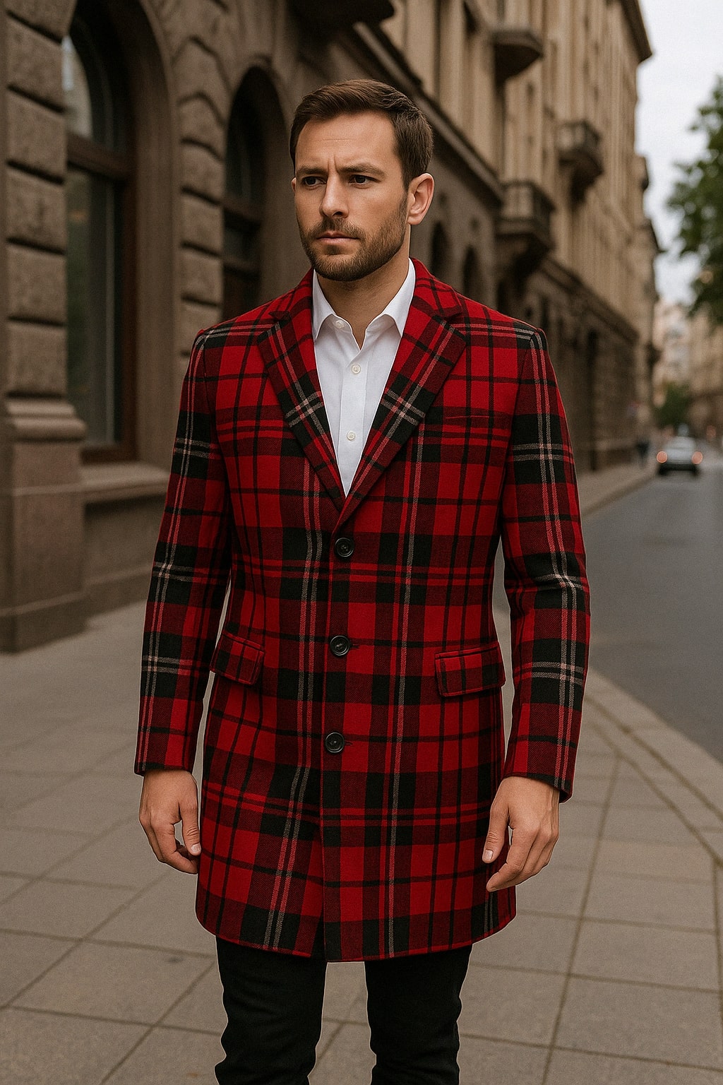 Mens Red and Black Plaid Wool Overcoat with Notch Lapel - 34 Short or Extra Small