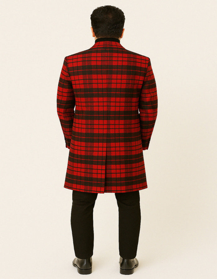 Mens Red and Black Plaid Wool Overcoat Three Quarter Carcoat - Christmas Coat - Red Peacoat