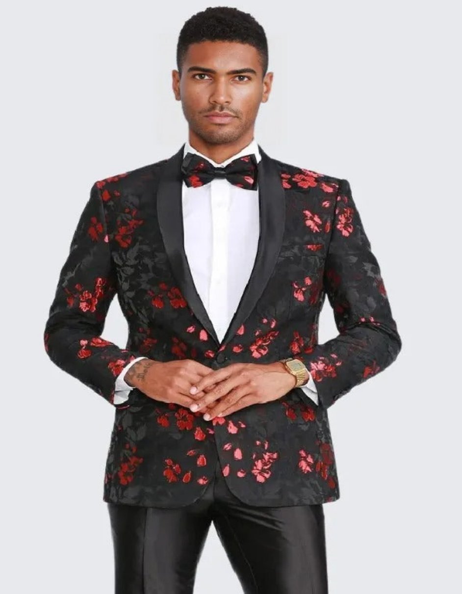 Red and Black Tuxedo Jacket Floral Pattern Slim Fit - Wedding - Prom