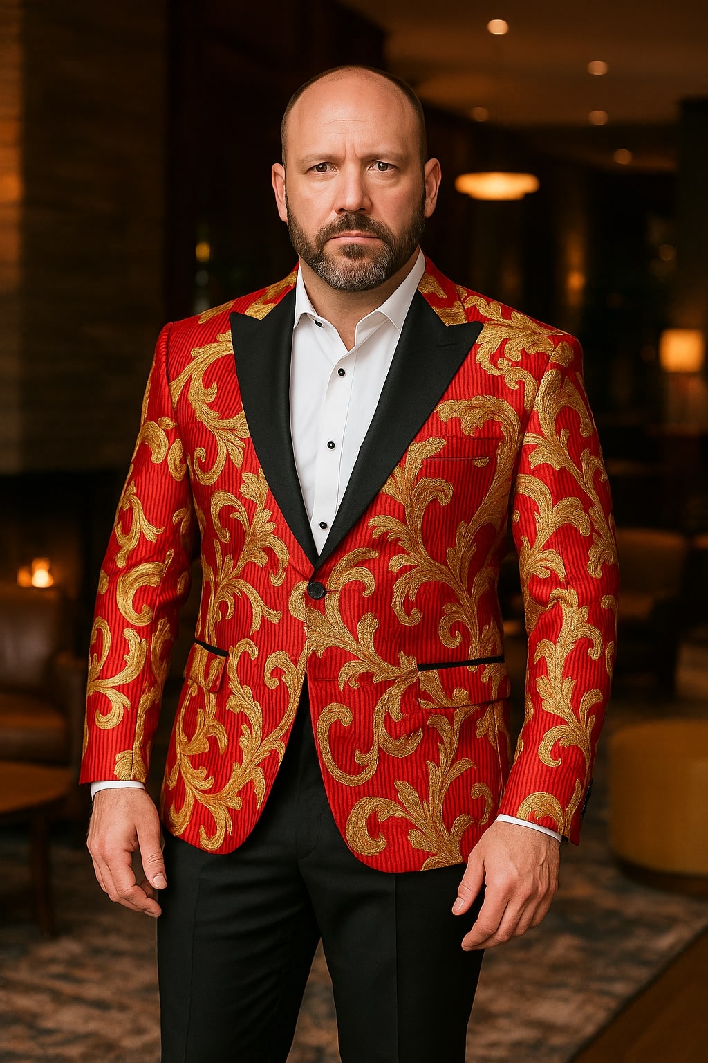 Mens Red and Gold Embroidered Tuxedo Blazer – Baroque Style One Button Dinner Jacket with Black Satin Lapel - 34 Short or Extra Small