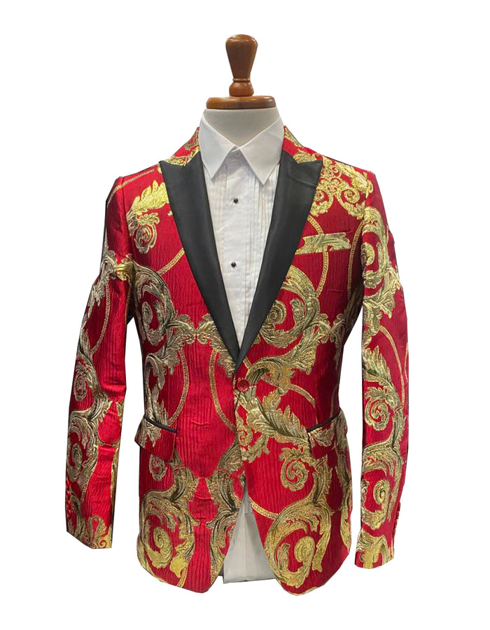 Mens Red and Gold Embroidered Tuxedo Blazer â€“ Baroque Style One Button Dinner Jacket with Black Satin Lapel