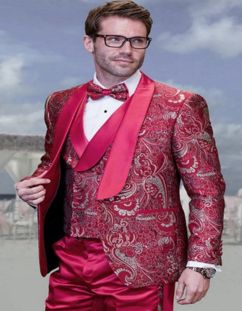 Red and Gold Tuxedo Paisley Wedding Suit - 34 Short or Extra Small
