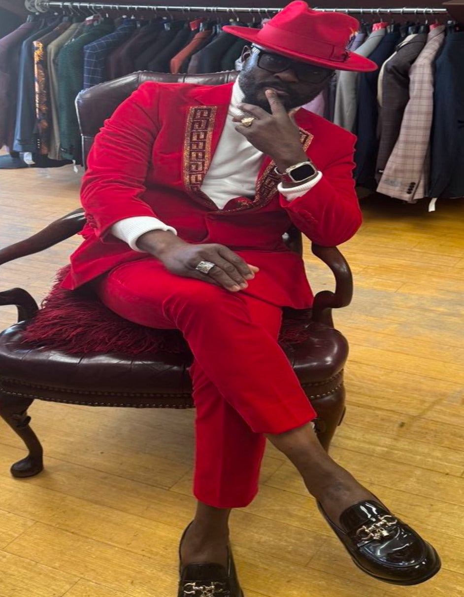 Red and Gold Tuxedo - Velvet Fabric Suit (Prom Velvet Blazer With Velvet Pants) - 34 Short or Extra Small