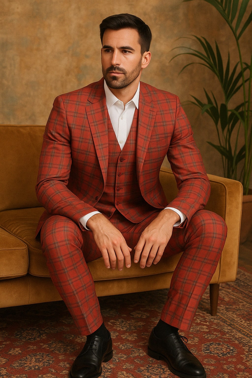 Red Tartan Suit Christmas Party Event - Plaid 3-Piece Slim Fit Suit with Vest - Window pane Pattern - 34 Short or Extra Small