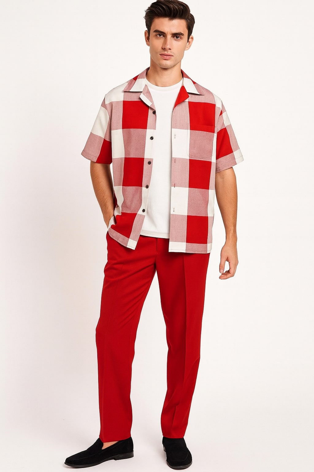 Mens Red and White Checkered Short Sleeve Shirt Set – Casual Two-Piece Summer Outfit - S