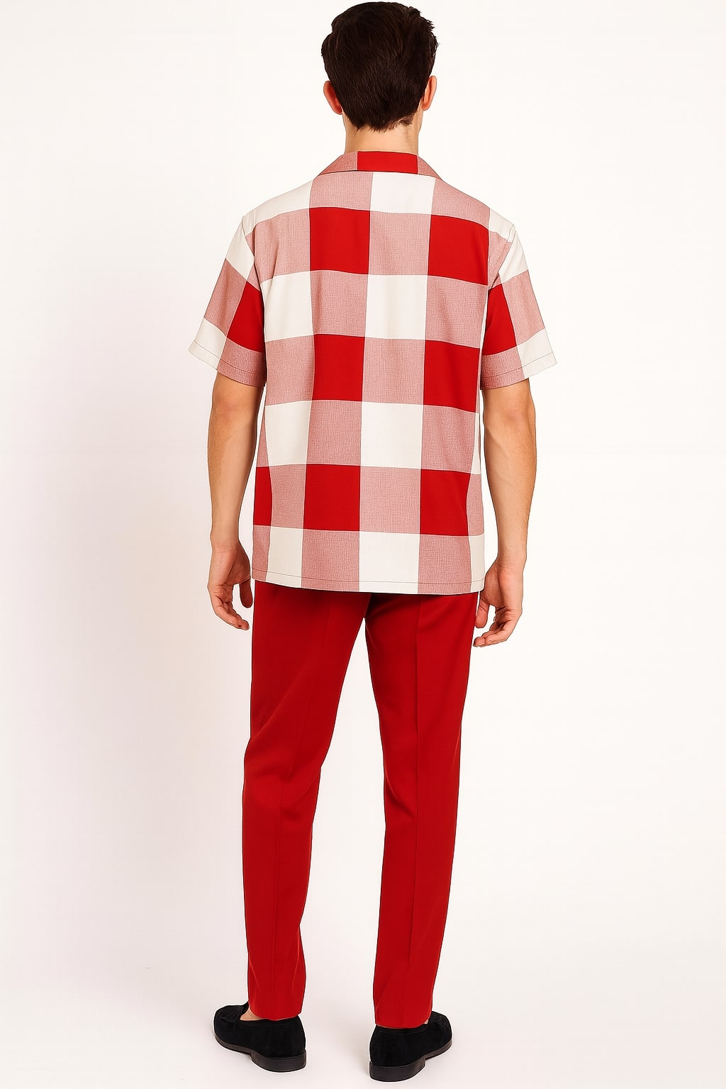 Mens Red and White Checkered Short Sleeve Shirt Set – Casual Two-Piece Summer Outfit - S