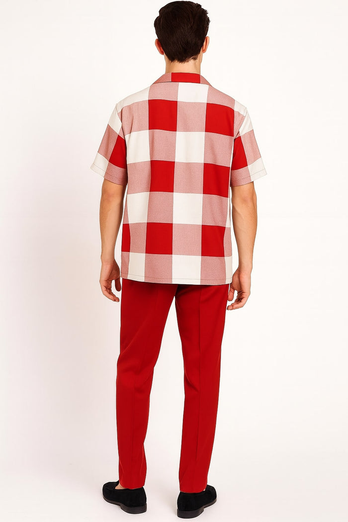 Mens Red and White Checkered Short Sleeve Shirt Set Casual Two-Piece Summer Outfit
