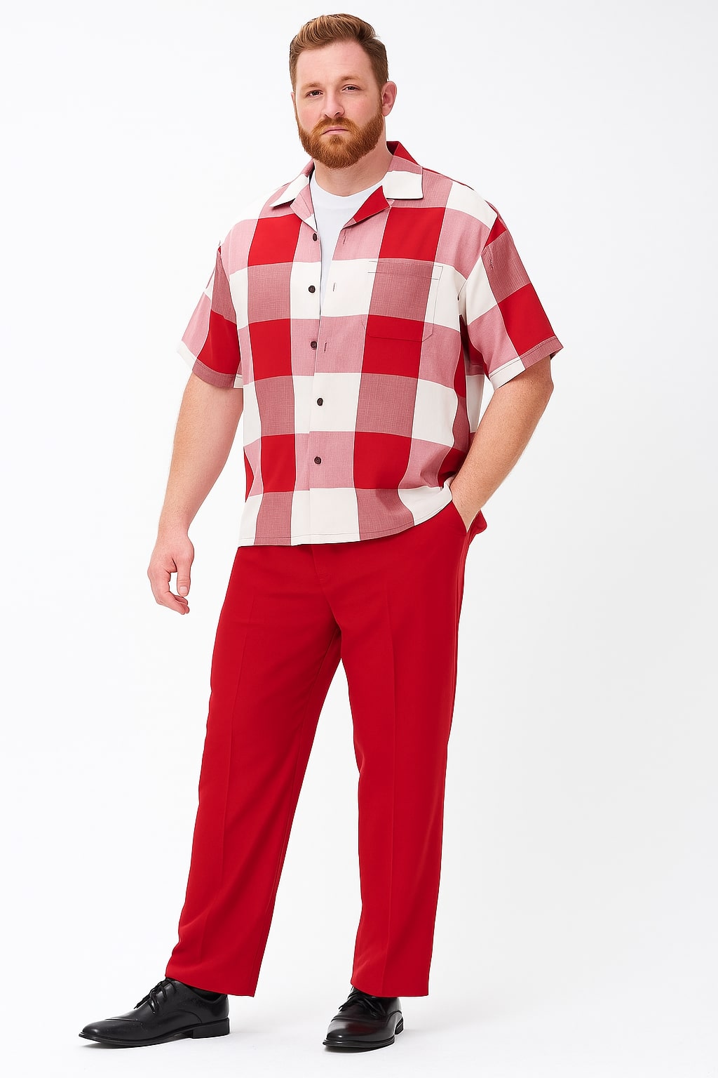 Mens Red and White Checkered Short Sleeve Shirt Set – Casual Two-Piece Summer Outfit - S