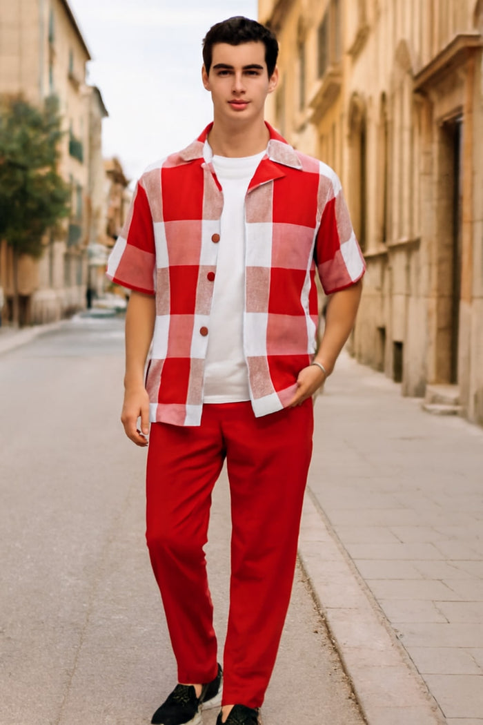 Mens Red and White Checkered Short Sleeve Shirt Set Casual Two-Piece Summer Outfit