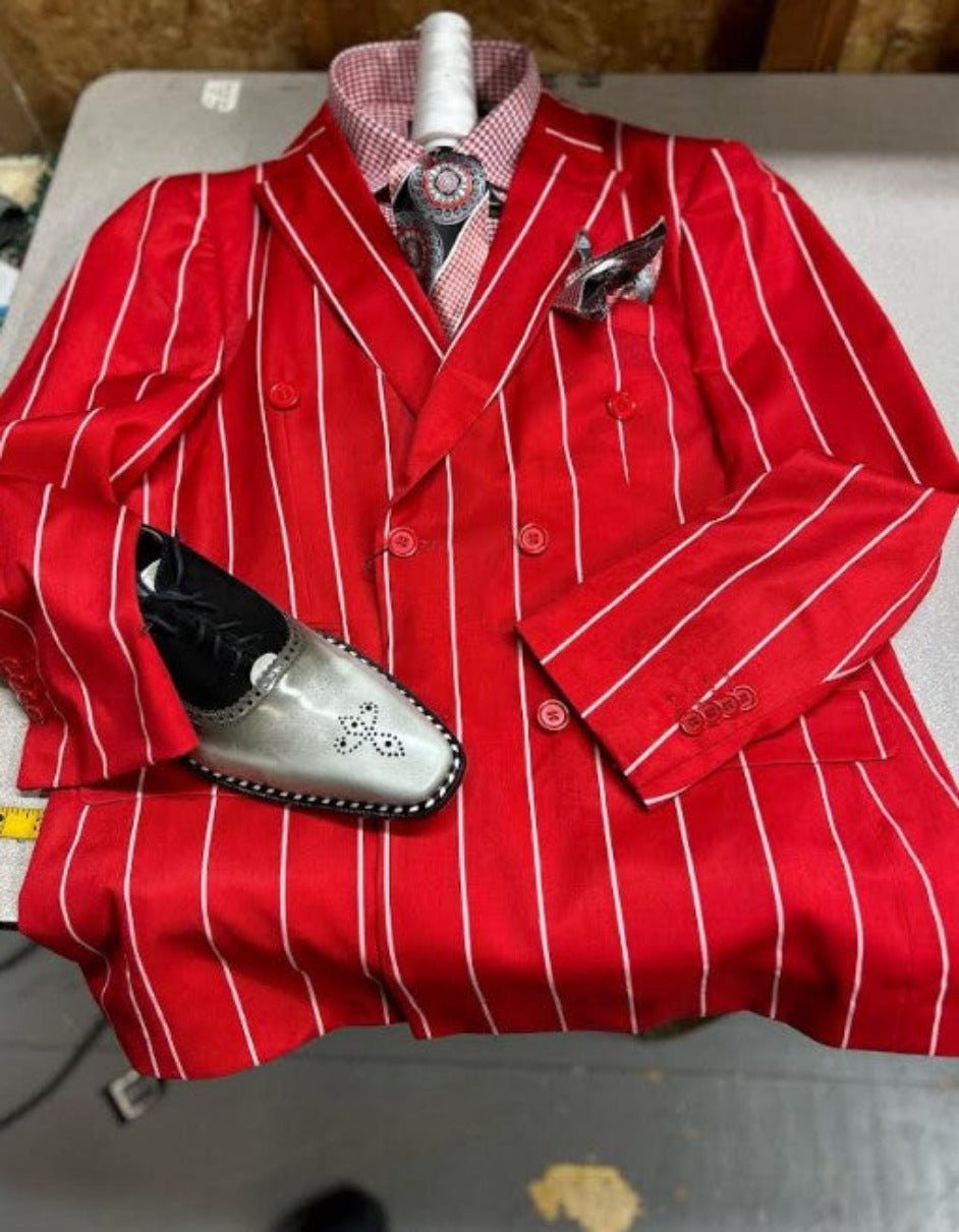 Mens Double Breasted Blazer Suit Jacket - Bold Pinstripe Sport Coat in Red and White Pinstripe - 36