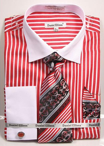 Red Stripe Pattern French Cuff Dress Shirt