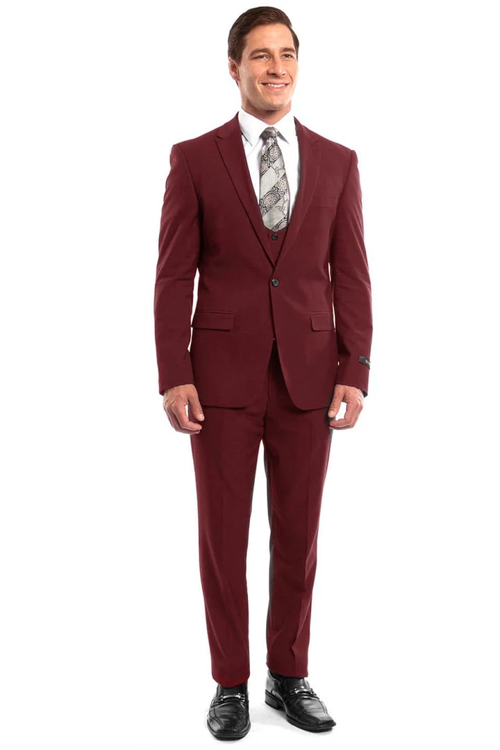 Cheap priced Suit  - Men's One Button Peak Lapel Skinny Wedding & Prom 2026 Red Suit With Lowcut Vest - 38 Short Jacket+32 Waist Adjustable 28to34)(Height: 5 4 to5 7 )(Neck  15-16.5)S-M)