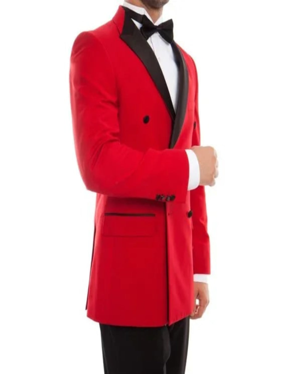 Double Breasted Red Mens Tuxedo w/ Black Pants by Bryan Michaels - 38 Short Jacket+32 Waist Adjustable 28to34)(Height: 5 4 to5 7 )(Neck  15-16.5)S-M)