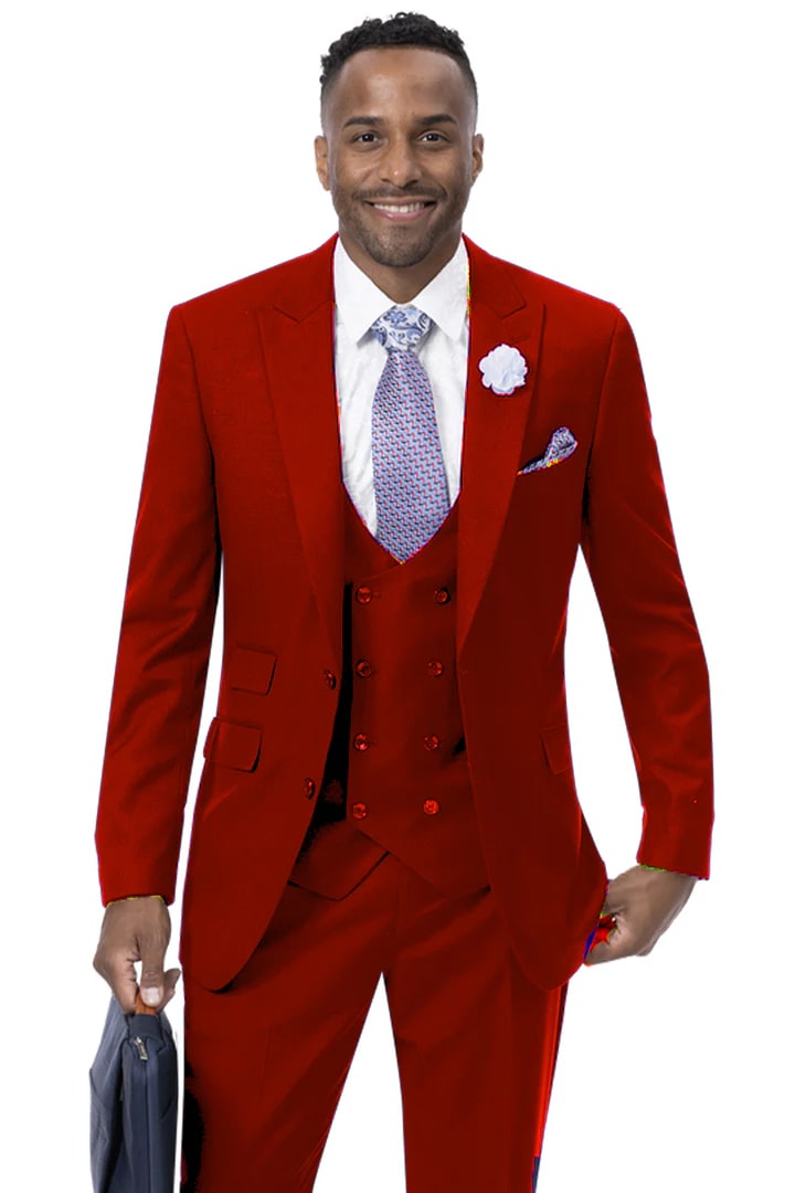 Cheap Suit - Mens Modern Two Button Vested Peak Lapel Red Suit With Double Breasted Vest