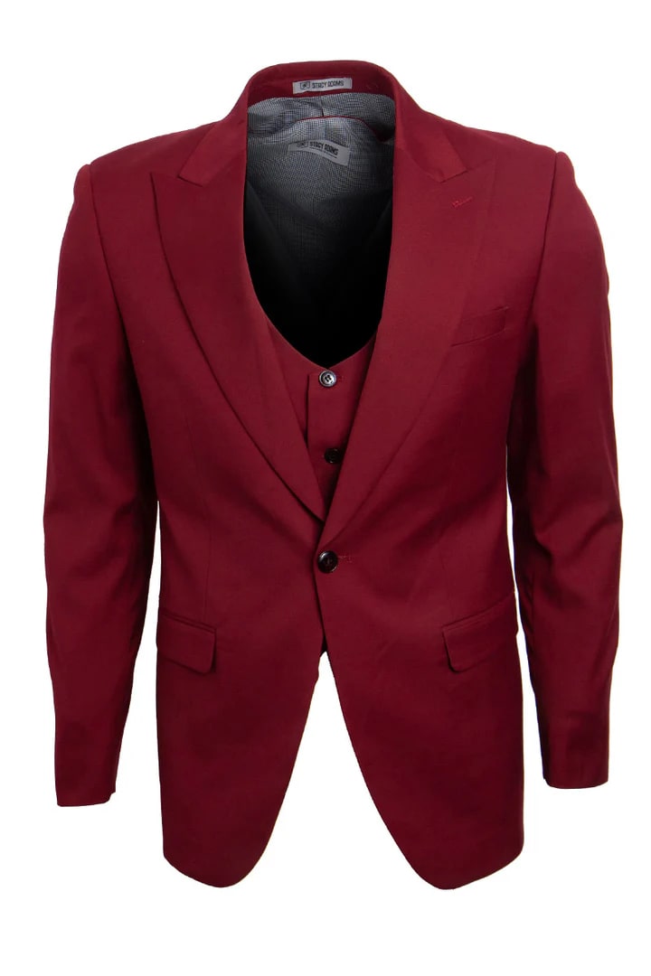 Cheap priced Suit - Men's Vested One Button Peak Lapel Stacy Adams Red Suit - 38 Short Jacket+32 Waist Adjustable 28to34)(Height: 5 4 to5 7 )(Neck  15-16.5)S-M)