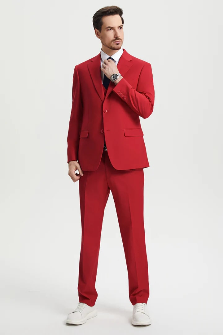 Cheap Suit - Men's Two Button Vested Stacy Adams Basic Designer Sharkskin  Red Suit