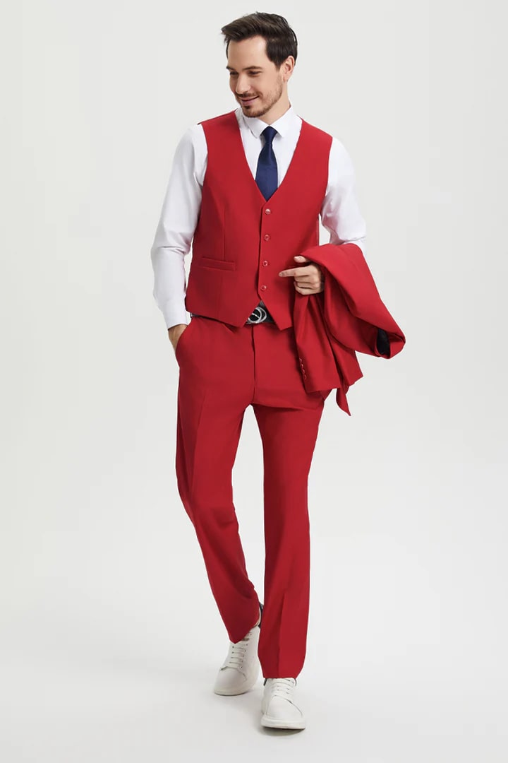 Cheap Suit - Men's Two Button Vested Stacy Adams Basic Designer Sharkskin  Red Suit