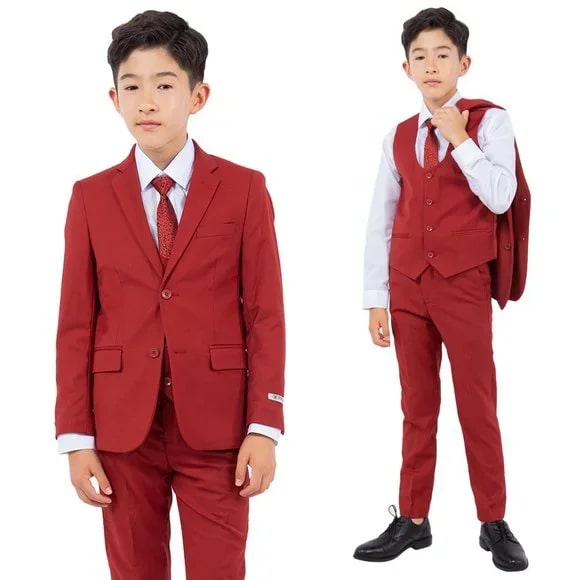 Exclusive Stacy Adams 5pc Boys Suit Slim-Fit, Red Brick - Boy Size : 4 (Weight 38 to 49)