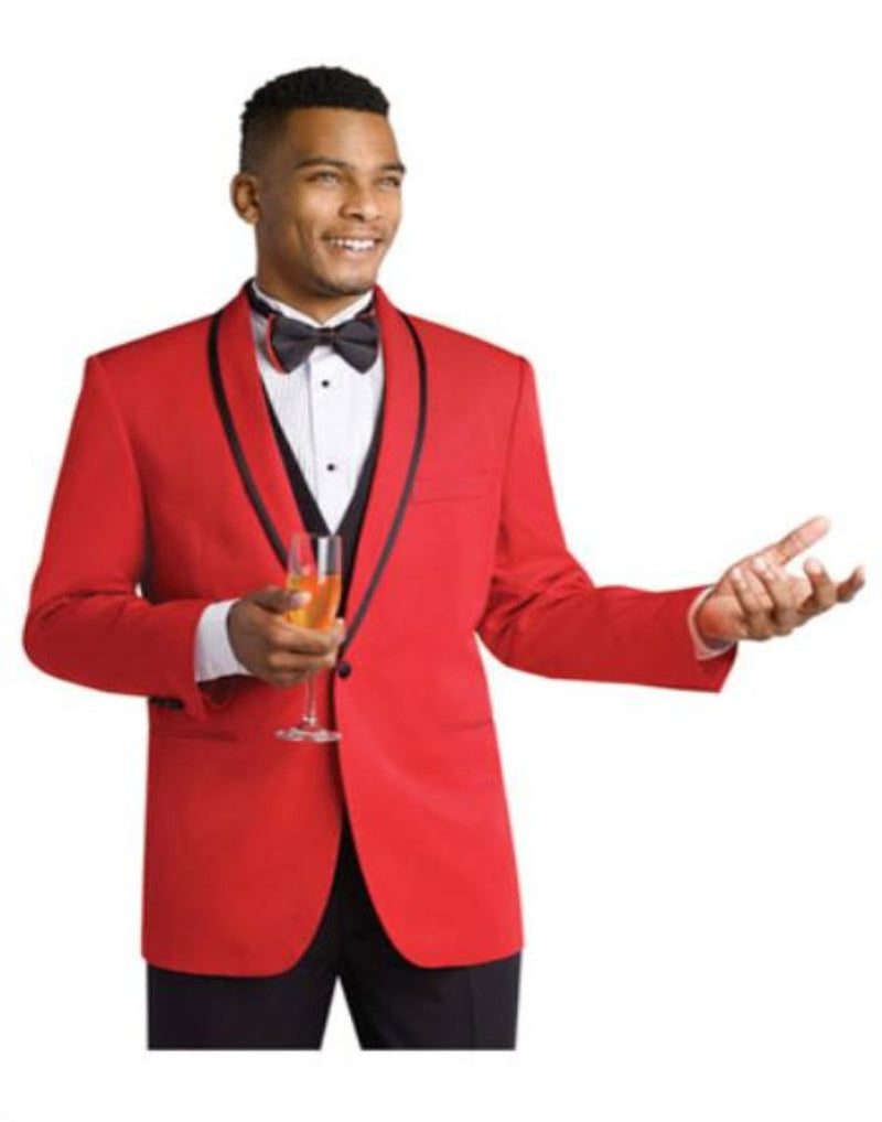 Men's Red Formal Attire Dinner Jacket Suit and Black Lapel + Black Pan