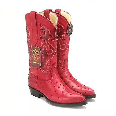 J Toe Cowboy Boots - J Toe Western Boots - Los Altos Red Ostrich Quill Print J-Toe - 8