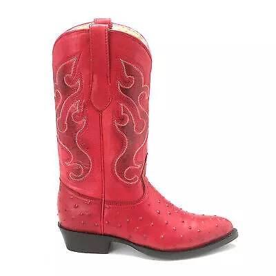 J Toe Cowboy Boots - J Toe Western Boots - Los Altos Red Ostrich Quill Print J-Toe - 8