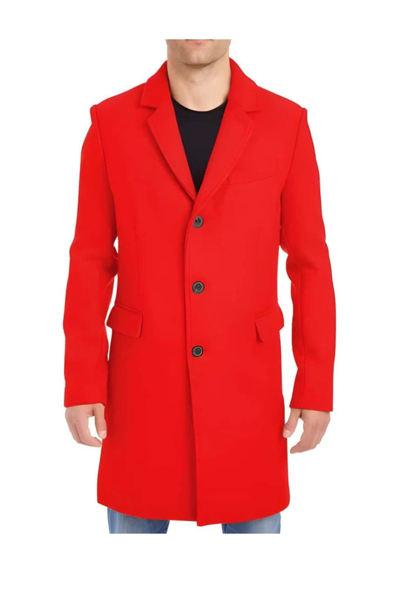 Mens Red Wool Car Coat-Three-Quarter Pea Coat