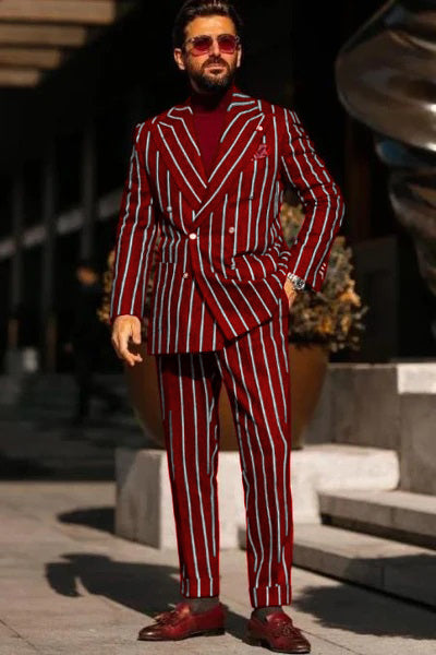 Burgundy Pinstripe Suit - Mens 1920s Gangster Pinstripe Suit - Vents Chalk Pinstripe Red