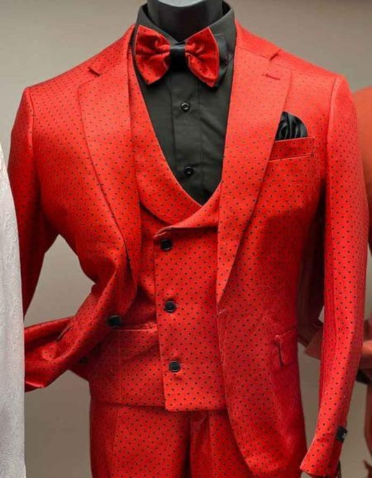 Red and Black Polka Dot Suit - Vested Suit - Red Prom 2025 Suit