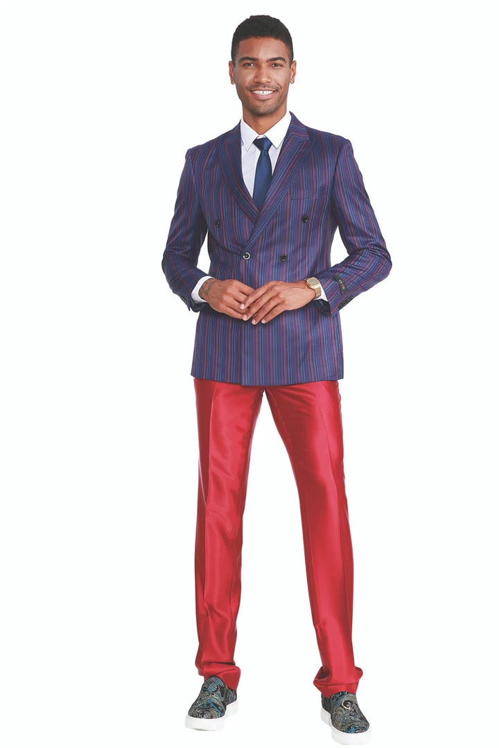 Cheap Suit - Men's Slim Fit Double Breasted Fashion Suit In Navy Blue With Red Pinstripes And Red Satin Pants