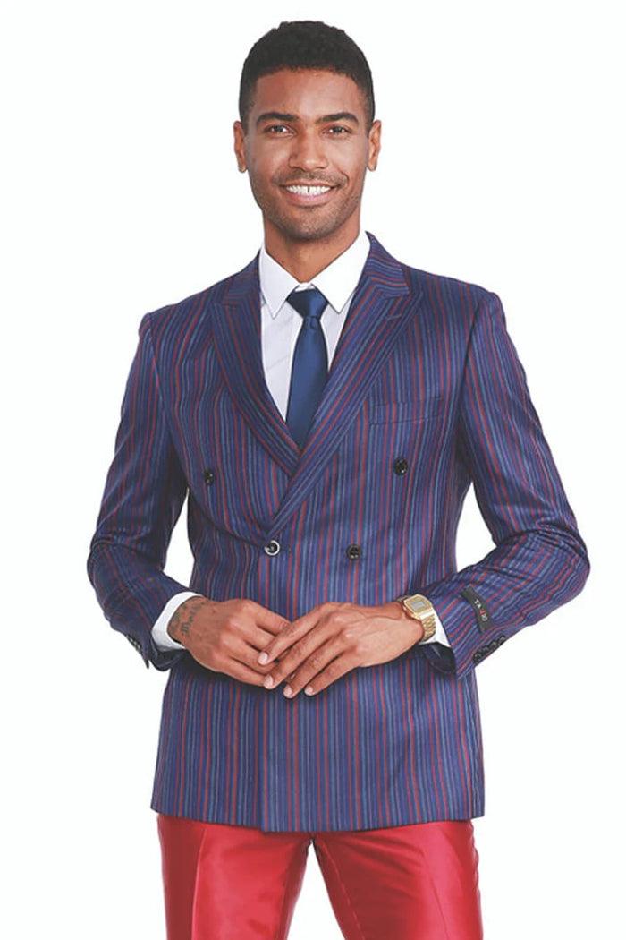 Cheap Priced Suit - Men's Slim Fit Double Breasted Fashion Suit In Navy Blue With Red Pinstripes And Red Satin Pants