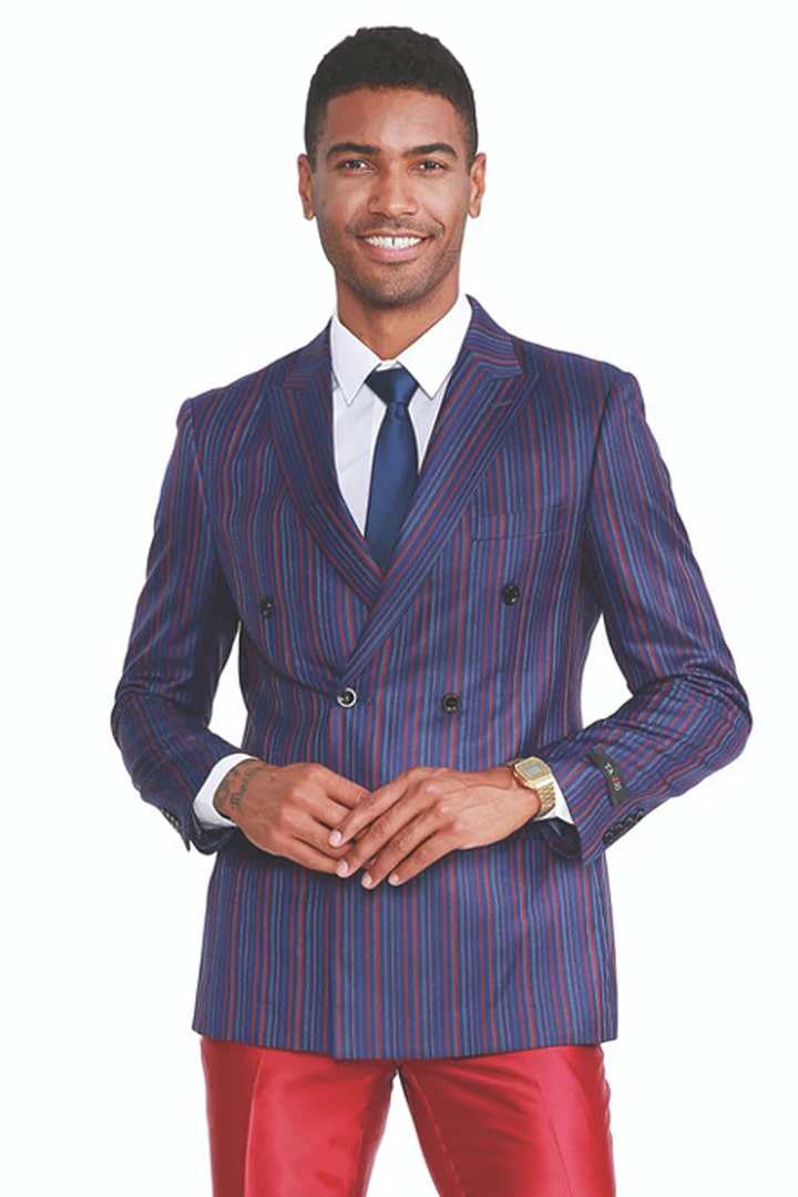 Cheap Suit - Men's Slim Fit Double Breasted Fashion Suit In Navy Blue With Red Pinstripes And Red Satin Pants