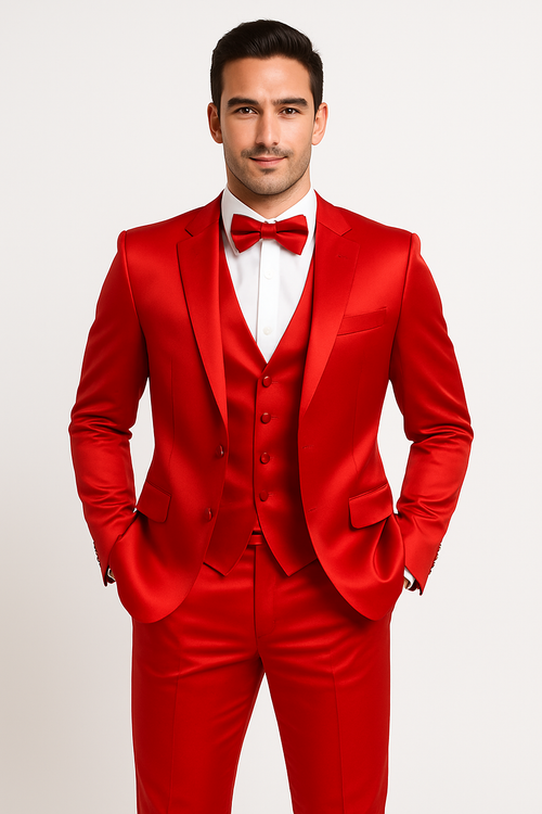 Red Satin Tuxedo Four Piece Set - Wedding - Prom