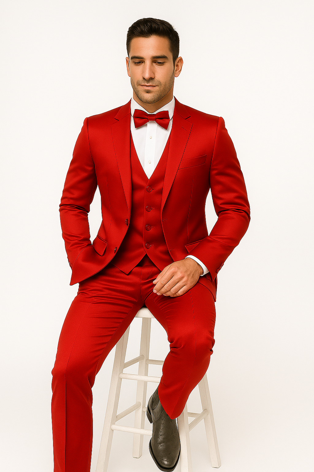 Red Satin Tuxedo Four Piece Set - Wedding - Prom - 34R Coat - 28 Waist