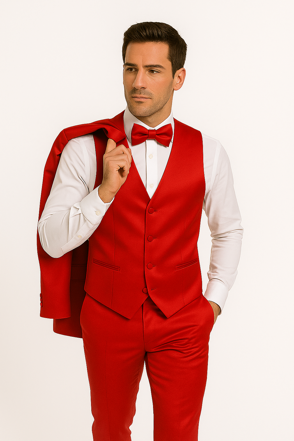 Red Satin Tuxedo Four Piece Set - Wedding - Prom - 34R Coat - 28 Waist