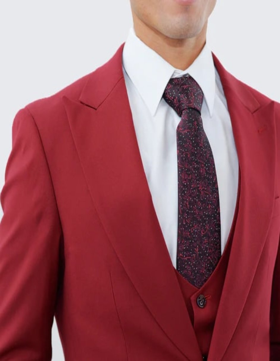 Red Slim Fit Three Piece Single Breasted Suit with Large Peak Lapel by Stacy Adams - Red Prom 2025 Suits - Coat Size 38