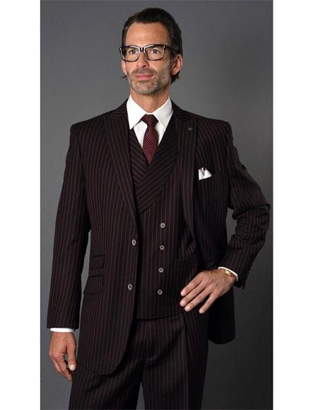 Men's Black ~ Red Two Button Striped Pattern Suit