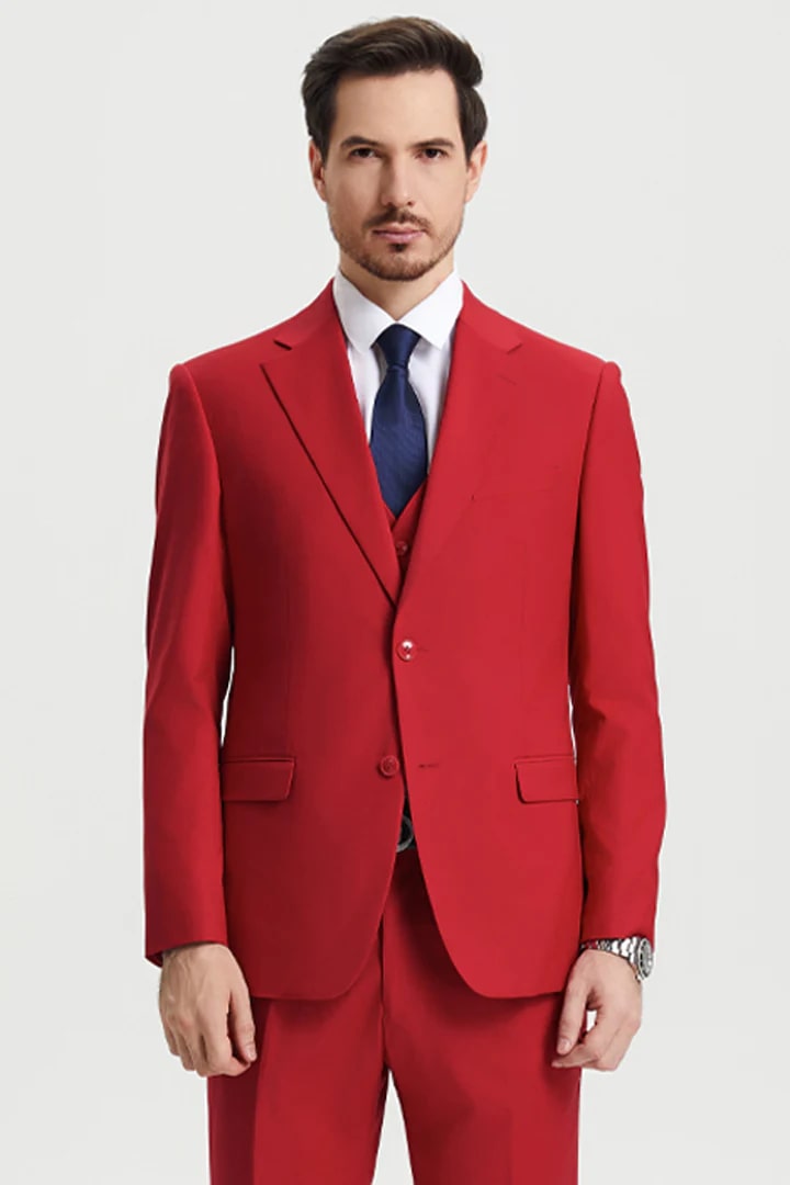 Cheap Suit - Men's Two Button Vested Stacy Adams Basic Designer Sharkskin  Red Suit