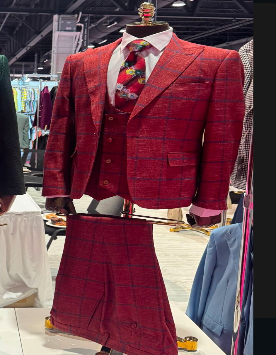 Rossiman Suits Brand - Plaid Textured Double breasted Style - Windowpane Pattern in Color Red and Blue - 38 Short Jacket+32 Waist Adjustable 28to34)(Height: 5 4 to5 7 )(Neck  15-16.5)S-M)